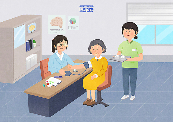 전신 PSD 여자 노년 할머니 의자 일러스트 병원 앉기 상반신 성인 세명 파란색 건강관리 진료 간호사 의사 혈압계 건강검진 혈압측정 여자만 국내일러스트 컬러 가구 의학 의료기기 모션 건강 관리 사람 의료진 측정 검사_조사 혈압 파일형식