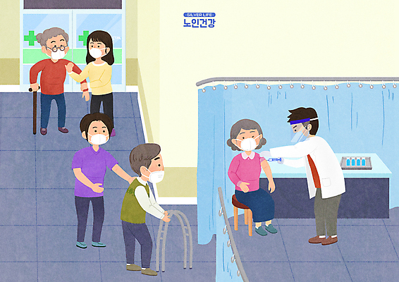 전신 PSD 여자 할아버지 노년 남자 할머니 의자 일러스트 지팡이 병원 주사기 마스크 서기 앉기 여러명 성인 파란색 건강관리 간호사 의료진 의사 잡기 보행기 부축 예방접종 줄서기 진료실 국내일러스트 직업 컬러 가구 다수 의학 의료기기 모션 건강 관리 사람 진료 접종 파일형식