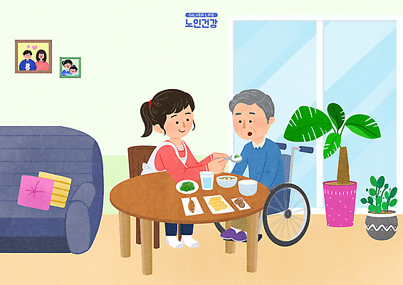 전신 PSD 여자 할아버지 노년 남자 화분 액자 일러스트 밥 들기 앉기 성인 두명 소파 건강관리 숟가락 식사 먹여주기 휠체어 요양보호사 도우미 돌봄 국내일러스트 직업 음식 의자 모션 수저 건강 관리 사람 먹기 파일형식