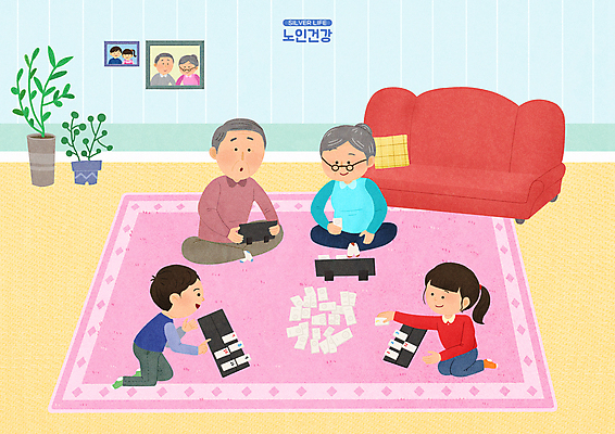 PSD 식물 여자 할아버지 노년 남자 화분 할머니 어린이 액자 거실 일러스트 들기 앉기 소녀 소년 여러명 소파 카펫 손주 보드게임 치매예방 국내일러스트 다수 의자 가족 모션 놀이 사람 성인 예방 치매 파일형식