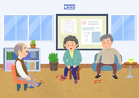 전신 PSD 여자 할아버지 노년 남자 화살표 할머니 시계 의자 일러스트 탁자 알림판 앉기 세명 소파 운동 관절 다리들기 발목운동 노인만 국내일러스트 가구 모션 뼈 건강 사람 성인 성인만 파일형식