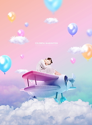 전신 PSD 구름 편집이미지 여자 어린이 분홍색 상상 하늘 비행기 한명 앉기 소녀 눈감음 잠옷 한국인 잠 풍선 팔베개 웅크림 소녀한명만 이미지편집 자연요소 1 옷 컬러 항공교통 모션 대중교통 사람 동양인 여자한명만 소녀만 파일형식