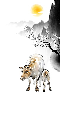 PSD 구름 한국전통 꽃 일러스트 캘리그라피 붓터치 산 풍경 사람없음 봄 달 나뭇가지 동양화 번짐 암소 송아지 국내일러스트 자연요소 나무 식물 전통 계절 새끼 한국 미술 소 암컷 파일형식 효과