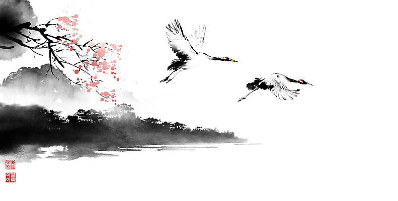 PSD 나무 꽃 두마리 일러스트 캘리그라피 붓터치 풍경 사람없음 계곡 봄 학 나뭇가지 비행 동양화 번짐 낙관 국내일러스트 식물 계절 2 조류 미술 파일형식 효과