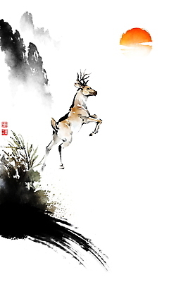 PSD 한마리 일러스트 캘리그라피 붓터치 산 갈대 풍경 사람없음 태양 일출 점프 봄 동양화 언덕 번짐 낙관 숫사슴 국내일러스트 자연요소 식물 1 계절 모션 사슴 미술 노을 수컷 파일형식 효과