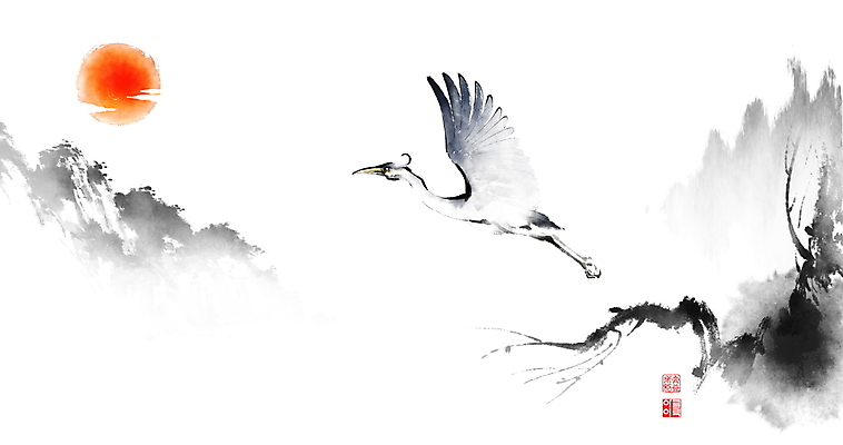 PSD 나무 한마리 일러스트 캘리그라피 붓터치 산 풍경 사람없음 태양 일출 봄 나뭇가지 비행 왜가리 동양화 번짐 낙관 국내일러스트 자연요소 식물 1 계절 조류 미술 노을 파일형식 효과