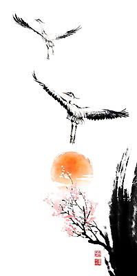 PSD 나무 두마리 일러스트 캘리그라피 붓터치 풍경 사람없음 태양 일출 봄 비행 왜가리 동양화 번짐 낙관 꽃가지 국내일러스트 자연요소 식물 계절 꽃 2 조류 미술 노을 나뭇가지 파일형식 효과