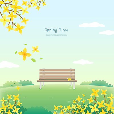 구름 벤치 일러스트 사람없음 연두색 노란색 봄 나뭇가지 개나리 언덕 동산 봄배경 국내일러스트 AI파일 자연요소 나무 계절 꽃 컬러 백그라운드 의자 초록색 파일형식 벡터