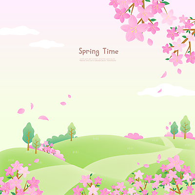 나무 구름 꽃잎 길 분홍색 일러스트 사람없음 연두색 나뭇가지 진달래 언덕 봄배경 국내일러스트 AI파일 자연요소 식물 꽃 컬러 백그라운드 초록색 봄 파일형식 벡터