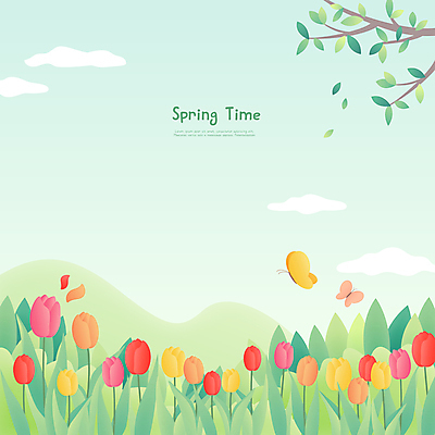 구름 꽃 나비 잎 두마리 꽃밭 일러스트 산 사람없음 초록색 튤립 나뭇가지 봄배경 국내일러스트 AI파일 자연요소 나무 식물 컬러 곤충 백그라운드 2 봄 파일형식 벡터