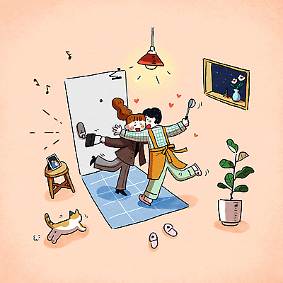 전신 PSD 한마리 여자 남자 화분 분홍색 일러스트 신혼부부 포옹 조명 들기 성인 두명 고양이 앞치마 핸드백 하트 포근함 국자 현관문 퇴근 마중 신혼생활 성인만 반려묘 국내일러스트 모양 1 부부 컬러 가방 포유류 안기 모션 주방용품 사람 반려동물 문 감각 출퇴근 신혼 파일형식