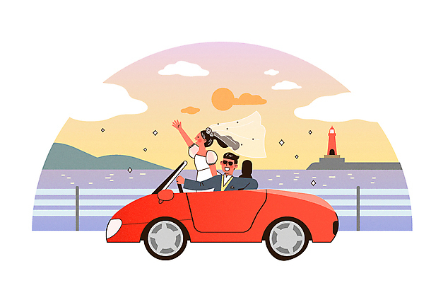 전신 구름 여자 남자 바다 웨딩드레스 결혼 일러스트 신혼부부 등대 면사포 정장 턱시도 상반신 성인 두명 선글라스 태양 손들기 운전 신혼여행 스포츠카 꽃가루 연보라색 웨딩카 국내여행 신랑신부 성인만 국내일러스트 AI파일 자연요소 부부 드레스 옷 안경 신부_웨딩 여행 신랑 모션 자동차 사람 이벤트 보라색 가루 신혼 결혼소품 파일형식 벡터