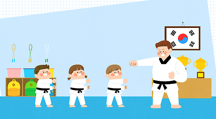 전신 학생 여자 남자 어린이 하늘색 일러스트 책가방 도복 소녀 소년 여러명 성인 강사 교사 펀치 태극기 트로피 태권도 서랍장 태권도복 줄넘기 품새 사범 태권도장 국내일러스트 AI파일 직업 옷 가구 다수 가방 모션 사람 파란색 운동 격투기 국기 상_우승 학원 파일형식 벡터