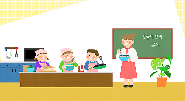 전신 학생 여자 남자 화분 어린이 일러스트 주방용품 요리 서기 들기 소녀 소년 여러명 상반신 성인 노란색 강사 교사 칠판 앞치마 프라이팬 조리대 뒤집개 학원 요리중 반죽밀대 요리교실 요리수업 요리실습 믹싱볼 요리교육 국내일러스트 AI파일 직업 그릇 교육 컬러 생활용품 다수 모션 수업 사람 밀대 파일형식 벡터