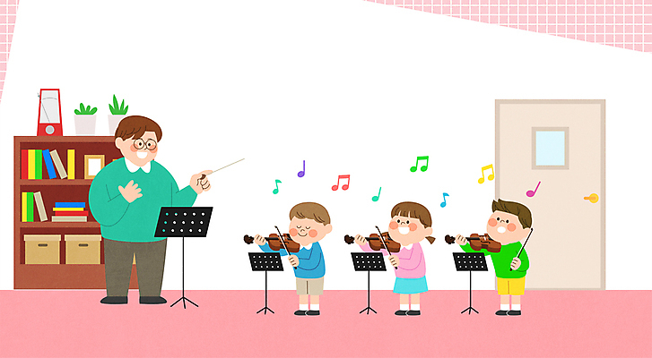 전신 학생 여자 남자 화분 어린이 분홍색 연주 음표 일러스트 책장 서기 들기 소녀 소년 여러명 성인 문 강사 보면대 바이올린 음악교육 지휘봉 지휘 메트로놈 음악선생님 음악실 음악학원 안경낌 국내일러스트 AI파일 직업 기호 교육 안경 음악 컬러 가구 다수 모션 현악기 사람 교사 학원 파일형식 벡터