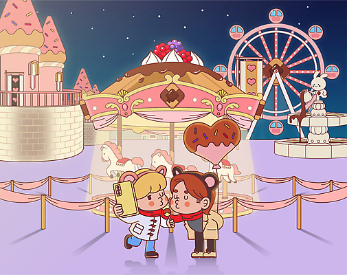 전신 커플 여자 기념일 남자 일러스트 키스 발렌타인데이 막대사탕 사랑 서기 들기 이벤트 성인 두명 스마트폰 놀이공원 머리띠 성 야간 셀프카메라 대관람차 하트풍선 회전목마 분수_분수대 성인만 국내일러스트 AI파일 자연요소 건축물 감정 장신구 관계 모션 데이이벤트 사탕 사람 핸드폰 스마트기기 사진촬영 테마파크 하트 놀이기구 애정표현 분수대 풍선 파일형식 벡터