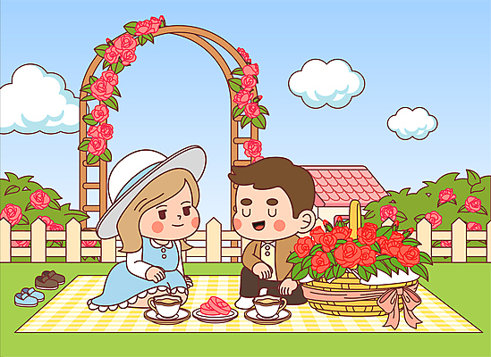 전신 구름 모자 커플 여자 기념일 남자 꽃다발 하늘색 일러스트 티타임 사랑 미소 앉기 이벤트 성인 두명 연두색 장미 소풍 정원 차 돗자리 꽃바구니 로즈데이 성인만 국내일러스트 AI파일 자연요소 잡화 꽃 감정 음료 관계 모션 데이이벤트 휴식 표정 사람 초록색 파란색 야외활동 바구니 파일형식 벡터