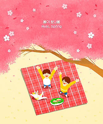 전신 PSD 한마리 남자 어린이 분홍색 일러스트 샌드위치 서기 소년 두명 소풍 노란색 만세 벚꽃 나뭇가지 강아지 돗자리 봄맞이 소년만 국내일러스트 나무 1 꽃 음식 컬러 모션 사람 반려동물 야외활동 봄 개 남자만 어린이만 파일형식