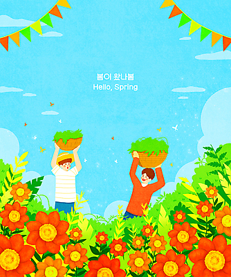 PSD 구름 여자 남자 꽃 하늘색 나비 꽃밭 여러마리 일러스트 들기 상반신 성인 두명 바구니 봄 가랜드 꽃축제 봄맞이 성인만 국내일러스트 자연요소 식물 계절 다수 곤충 모션 사람 파란색 축제 파티용품 파일형식