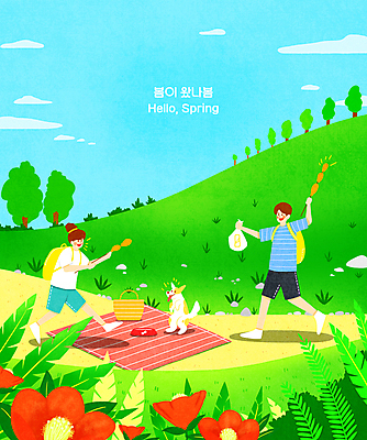 전신 PSD 나무 구름 한마리 여자 남자 꽃 하늘색 일러스트 하늘 서기 들기 성인 두명 연두색 소풍 봄 강아지 언덕 돗자리 닭꼬치 봄맞이 소풍바구니 성인만 국내일러스트 자연요소 식물 1 계절 모션 사람 초록색 파란색 반려동물 야외활동 바구니 닭고기 꼬치 개 파일형식