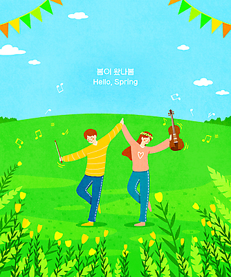 전신 PSD 구름 커플 여자 남자 꽃 하늘색 꽃밭 음표 일러스트 하늘 서기 들기 성인 두명 연두색 손잡기 화관 봄 춤 바이올린 언덕 가랜드 봄맞이 성인만 국내일러스트 자연요소 식물 기호 계절 음악 관계 모션 현악기 문화예술 사람 초록색 파란색 파티용품 파일형식