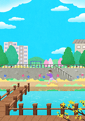 전신 PSD 나무 구름 여자 하늘색 일러스트 자연 하늘 한명 성인 강 달리기 조깅 봄 산책로 벚꽃 개나리 바람개비 그네 나무다리 성인여자한명만 국내일러스트 자연요소 식물 1 계절 꽃 길 모션 사람 파란색 운동 다리_건축물 생태계 여자한명만 성인여자만 파일형식