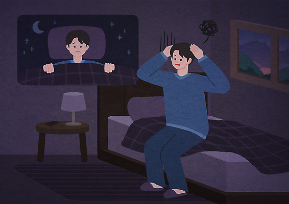 전신 PSD 남자 일러스트 창문 슬리퍼 앉기 상반신 성인 두명 눕기 새벽 방 달 침대 남색 괴로움 불면증 성인남자만 국내일러스트 자연요소 감정 컬러 가구 신발 모션 사람 질병 남자만 성인만 파일형식