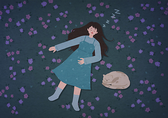 전신 PSD 한마리 여자 꽃 꽃밭 일러스트 휴식 한명 성인 눕기 고양이 잠 편안함 남색 불면증 성인여자한명만 국내일러스트 식물 1 컬러 컨셉 포유류 모션 사람 반려동물 감각 질병 여자한명만 성인여자만 파일형식