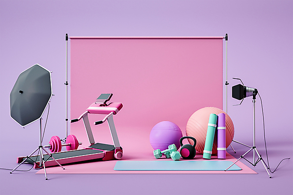 PSD 편집 편집이미지 분홍색 스튜디오 조명 사람없음 3D 보라색 아령 매트 짐볼 디지털합성 런닝머신 촬영실 조명기구 조명장치 촬영장비 케틀벨 편집소스 배경지 편집3D 컬러 운동기구 공간 장비 도구 파일형식