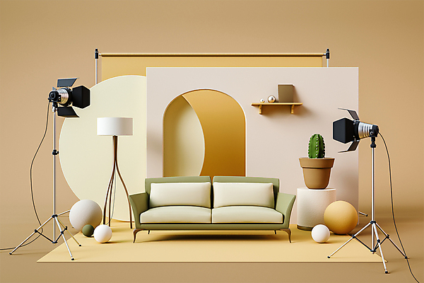 PSD 편집 편집이미지 화분 스튜디오 조명 선인장 사람없음 장식 인테리어 소파 3D 스탠드 원형 디지털합성 촬영실 베이지색 조명장치 촬영장비 편집소스 배경지 편집3D 도형 식물 디자인 컬러 의자 공간 장비 도구 파일형식