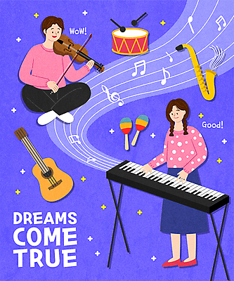 전신 여자 남자 별 음악 연주 일러스트 서기 들기 앉기 성인 두명 파란색 꿈 기타 색소폰 바이올린 드럼 바이올리니스트 피아니스트 전자피아노 성인만 국내일러스트 AI파일 자연요소 컬러 모션 현악기 문화예술 타악기 사람 연주자 피아노 목관악기 파일형식 벡터