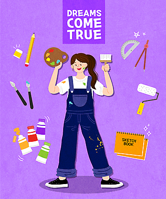 전신 디자인 여자 일러스트 페인팅 자 한명 서기 들기 성인 연필 보라색 물감 꿈 붓 팔레트 디자이너 스케치북 지우개 예술가 페인트붓 화가 컴파스 각도기 페인트롤러 성인여자한명만 국내일러스트 AI파일 직업 1 컬러 모션 문구용품 학용품 사람 필기구 미술도구 여자한명만 성인여자만 파일형식 벡터