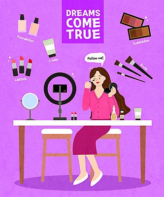 전신 여자 말풍선 의자 일러스트 한명 들기 앉기 성인 화장 보라색 화장품 꿈 거울 립스틱 크림 책상 마스카라 메이크업아티스트 아이섀도 메이크업브러쉬 방송조명 파운데이션 성인여자한명만 뷰티크리에이터 1인미디어 유튜버 영상촬영 국내일러스트 AI파일 직업 1 컬러 가구 모션 사람 뷰티 촬영 붓 방송 여자한명만 성인여자만 파일형식 벡터 크리에이터