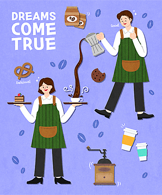 전신 여자 남자 커피 일러스트 쟁반 서기 들기 성인 두명 쿠키 케이크 보라색 앞치마 꿈 원두 최고 붓기 커피잔 커피포트 종업원 바리스타 그라인더 테이크아웃컵 모카포트 성인만 브레첼 국내일러스트 AI파일 직업 음료 컬러 모션 주전자 디저트 잔 사람 컵 커피용품 파일형식 벡터