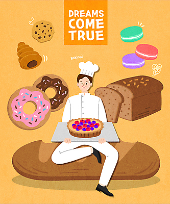 전신 남자 일러스트 요리사모자 한명 들기 앉기 성인 노란색 쿠키 제과제빵 주황색 꿈 빵집 도넛 바게트 식빵 제빵 마카롱 소라빵 제빵사 타르트 성인남자한명만 국내일러스트 AI파일 직업 모자_잡화 1 빵 컬러 모션 디저트 사람 상점 요리사 파이_빵 남자한명만 성인남자만 파일형식 벡터