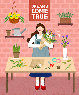 전신 식물 여자 꽃 화분 분홍색 꽃다발 잎 일러스트 탁자 선반 한명 서기 들기 성인 꿈 물뿌리개 꽃집 꽃꽂이 테이프 노끈 원예용품 플로리스트 화초가위 성인여자한명만 행잉플랜트 국내일러스트 AI파일 직업 1 줄 컬러 가구 생활용품 모션 문구용품 가위_도구 사람 상점 원예 여자한명만 성인여자만 파일형식 벡터