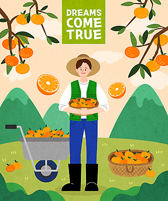 전신 구름 남자 일러스트 나뭇잎 귤 장화 한명 서기 들기 성인 초록색 바구니 주황색 꿈 나뭇가지 농부 밀짚모자 귤나무 외발수레 성인남자한명만 국내일러스트 AI파일 자연요소 나무 직업 모자_잡화 1 컬러 신발 잎 과일 모션 사람 수레 남자한명만 성인남자만 파일형식 벡터
