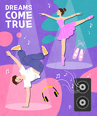 전신 여자 남자 분홍색 음표 일러스트 힙합 성인 두명 보라색 헤드셋 스피커 꿈 댄서 춤 발레 비보이 발레리나 토슈즈 발레동작 성인만 국내일러스트 AI파일 직업 기호 음악 컬러 음향기기 포즈 신발 문화예술 사람 헤드폰 파일형식 벡터