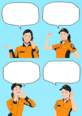 PSD 직업 여자 포즈 하늘색 말풍선 유니폼 일러스트 손짓 여러명 상반신 성인 파이팅 외침 주먹 듣기 가리킴 말_대화 소방관 구조원 성인여자만 국내일러스트 옷 다수 모션 사람 파란색 소리 소방 여자만 성인만 파일형식