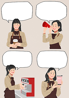 PSD 직업 여자 커피 포즈 말풍선 일러스트 들기 손짓 여러명 상반신 성인 앞치마 확성기 말_대화 커피메이커 직원 테이크아웃 바리스타 아르바이트 베이지색 에스프레소머신 텀블러 테이크아웃컵 성인여자만 국내일러스트 음료 컬러 다수 모션 사람 컵 커피용품 여자만 성인만 파일형식