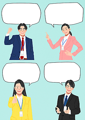 PSD 직업 여자 남자 허리손 포즈 하늘색 말풍선 일러스트 정장 손짓 여러명 상반신 성인 파이팅 주먹 가리킴 최고 말_대화 직장인 사무원 비즈니스맨 비즈니스우먼 성인만 국내일러스트 옷 다수 비즈니스 모션 사람 파란색 파일형식