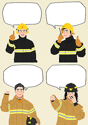 PSD 직업 남자 포즈 말풍선 일러스트 들기 손짓 여러명 상반신 성인 노란색 손들기 파이팅 주먹 최고 말_대화 소방관 무전기 무전 방화복 성인남자만 국내일러스트 컬러 다수 통신 모션 무선통신 사람 구조원 소방 남자만 성인만 파일형식