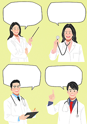 PSD 직업 여자 남자 포즈 말풍선 일러스트 청진기 들기 손짓 여러명 상반신 성인 노란색 손들기 의사 가리킴 의사가운 말_대화 지시봉 서류판 진료기록부 성인만 안경낌 국내일러스트 안경 컬러 다수 의료기기 모션 사람 사무용품 진료 의료진 가운 파일형식