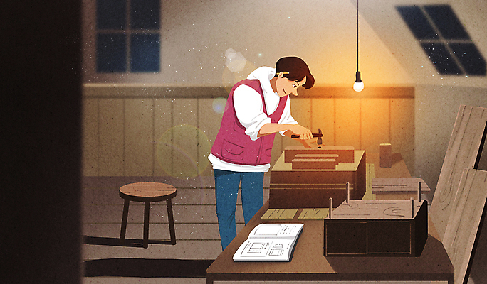 PSD 라이프스타일 남자 의자 일러스트 창문 조명 한명 들기 상반신 취미 일상 목재 책 갈색 작업실 망치 목수 연습 책상 만들기 목공예 목공소 목재가구 작업대 성인남자한명만 부캐 국내일러스트 나무 직업 1 컬러 가구 재료 모션 사람 라이프 생활 공구 공예 신조어 남자한명만 성인남자만 파일형식