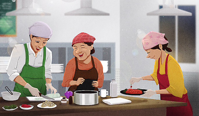 PSD 라이프스타일 접시 여자 남자 음식 중년 일러스트 창문 도마 두건 요리 웃음 들기 성인 취미 일상 세명 주방 앞치마 회색 냄비 학원 식칼 환풍기 요리교실 요리교육 부캐 국내일러스트 식기 교육 컬러 모션 주방용품 수업 표정 사람 라이프 생활 장비 솥 신조어 파일형식