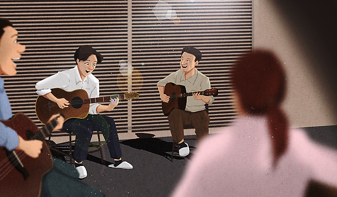 전신 PSD 라이프스타일 여자 남자 음악 연주 의자 일러스트 창문 들기 앉기 여러명 상반신 성인 취미 일상 아웃포커스 기타 학원 베이지색 음악학원 성인만 부캐 국내일러스트 교육 컬러 가구 다수 모션 현악기 문화예술 촬영기법 사람 라이프 생활 신조어 파일형식