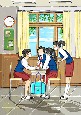 전신 PSD 여학생 여자 교복 시계 의자 일러스트 교실 청소년 책가방 대화 마스크 서기 앉기 여러명 책 잡기 사회이슈 책상 얼굴없음 십대여자만 코로나바이러스 델타변이바이러스 위드코로나 오미크론 국내일러스트 학생 옷 교육 가구 다수 컨셉 가방 학교 모션 말하기 사람 바이러스 여자만 십대만 파일형식