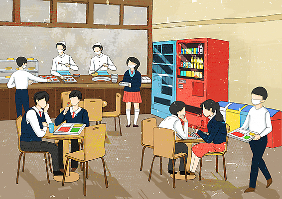 전신 PSD 학생 여자 남자 교복 포크 의자 일러스트 학교 청소년 식탁 마스크 서기 들기 앉기 여러명 상반신 성인 걷기 식사 먹기 사회이슈 식판 급식 급식소 배식 베이지색 자판기 얼굴없음 코로나바이러스 델타변이바이러스 위드코로나 오미크론 국내일러스트 식기 옷 교육 컬러 가구 다수 컨셉 모션 탁자 사람 바이러스 파일형식