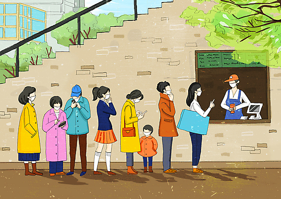 전신 PSD 여자 남자 어린이 일러스트 마스크 서기 들기 손짓 소년 여러명 성인 건물 스마트폰 계단 카페 기다림 사회이슈 주머니손 테이크아웃 베이지색 줄서기 얼굴없음 코로나바이러스 델타변이바이러스 위드코로나 오미크론 국내일러스트 건축물 컬러 다수 컨셉 모션 사람 핸드폰 스마트기기 상점 바이러스 파일형식