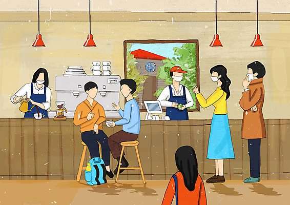 전신 PSD 여자 남자 커피 의자 일러스트 조명 마스크 서기 들기 앉기 손짓 여러명 상반신 성인 건물 카페 가리킴 붓기 커피포트 커피메이커 사회이슈 주문 베이지색 에스프레소머신 얼굴없음 성인만 코로나바이러스 델타변이바이러스 위드코로나 오미크론 국내일러스트 건축물 음료 컬러 가구 다수 컨셉 모션 주전자 사람 상점 바이러스 커피용품 파일형식